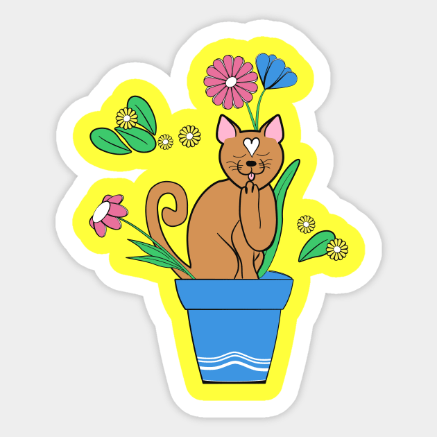 Cute cat sitting in the flower pot Sticker by HigoPico